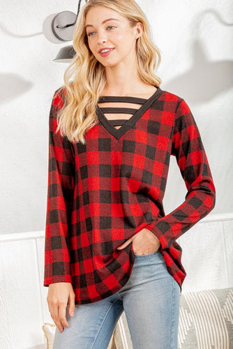 Buffalo Plaid V Neck Top