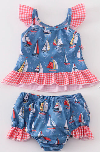 Navy Sailboat Ruffle Swimsuit