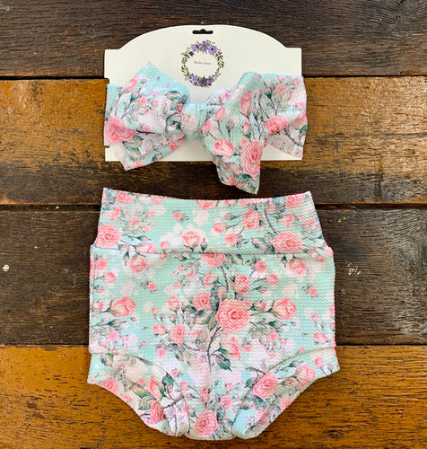 Teal Floral Bummie & Bow Set