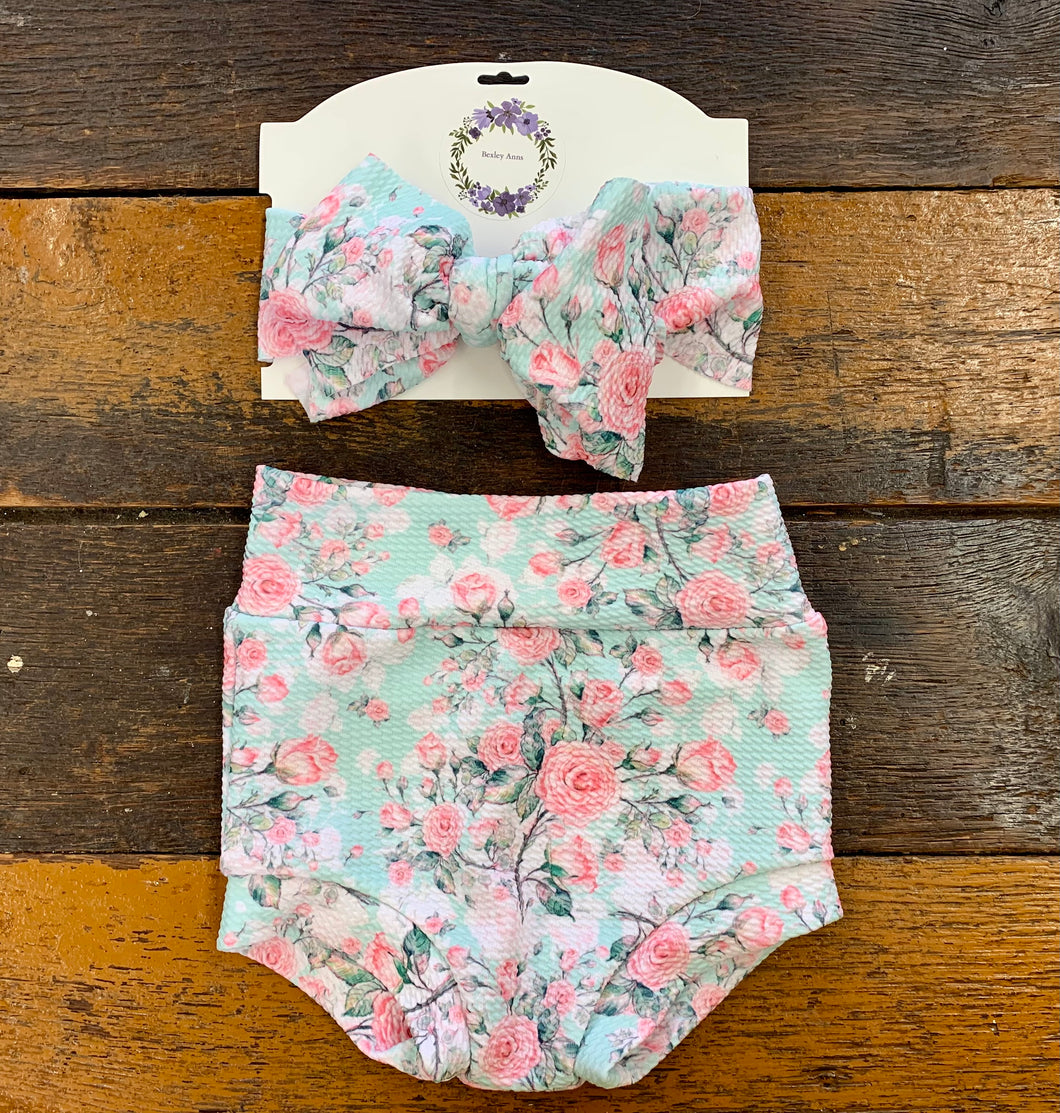 Teal Floral Bummie & Bow Set