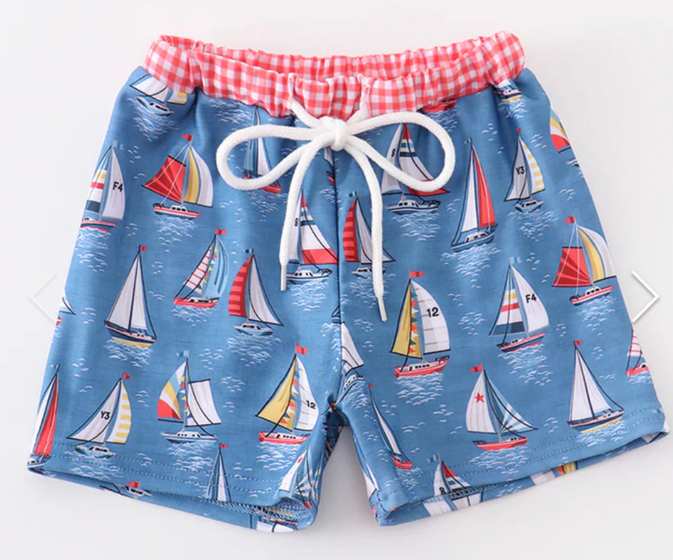 Navy Sailboat Swim Trunks