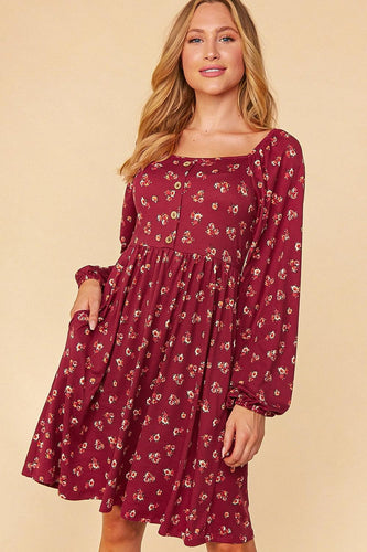 Burgundy Floral Babydoll Dress