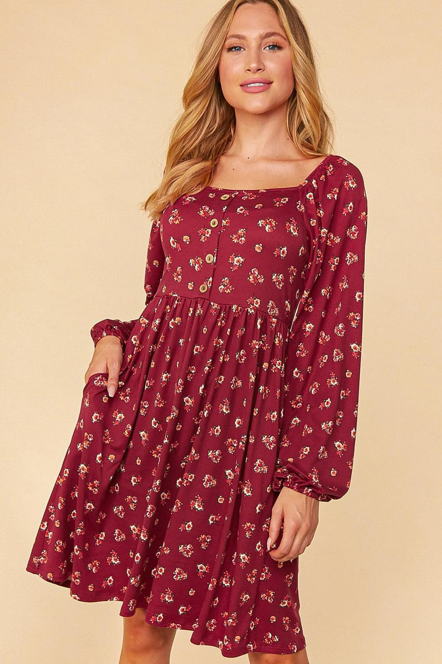 Burgundy Floral Babydoll Dress