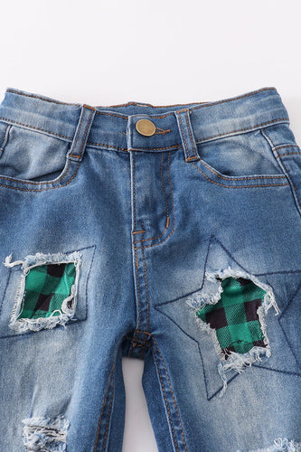 Distressed Green Plaid Jeans