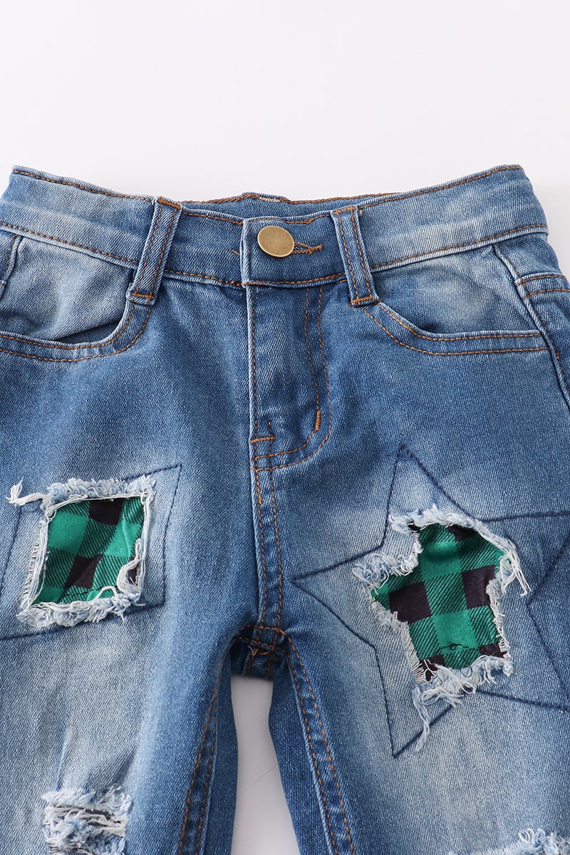 Distressed Green Plaid Jeans