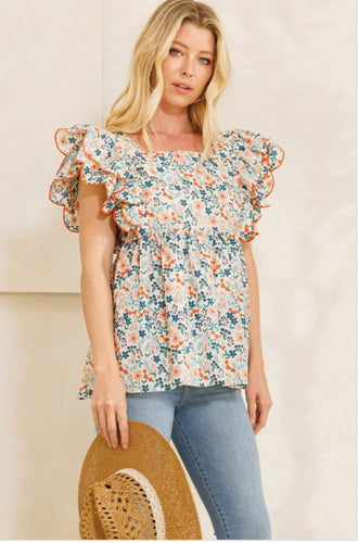 Floral Puppy Woven Babydoll Blouse